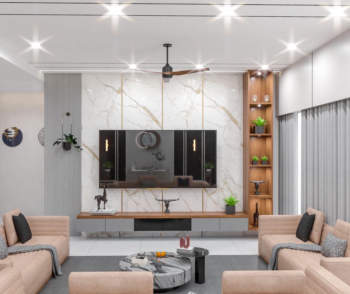 Contemporary Grand Living Room & TV Wall